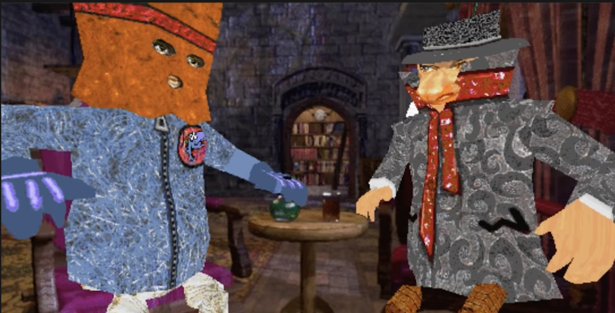 Captura do Microsoft 3D Creador de Películas onde se ven dúas personaxes. A da esquerda leva unha bolsa de papel na cabeza. A da dereita, un chapeu e colo alto que lle tapa todo agás os ollos.