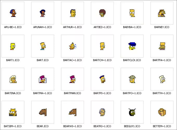 Captura dun set de ficheiros ICO tamaño 32x32 con caras das personaxes dos Simpsons.