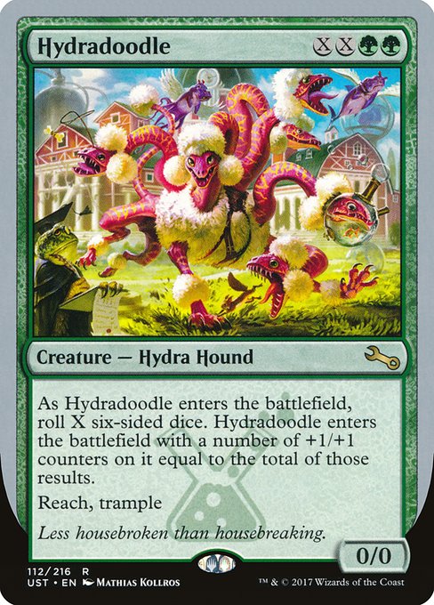 Carta Magic "Hydradoodle", con tipos "Hydra Hound". O debuxo é de un caniche.