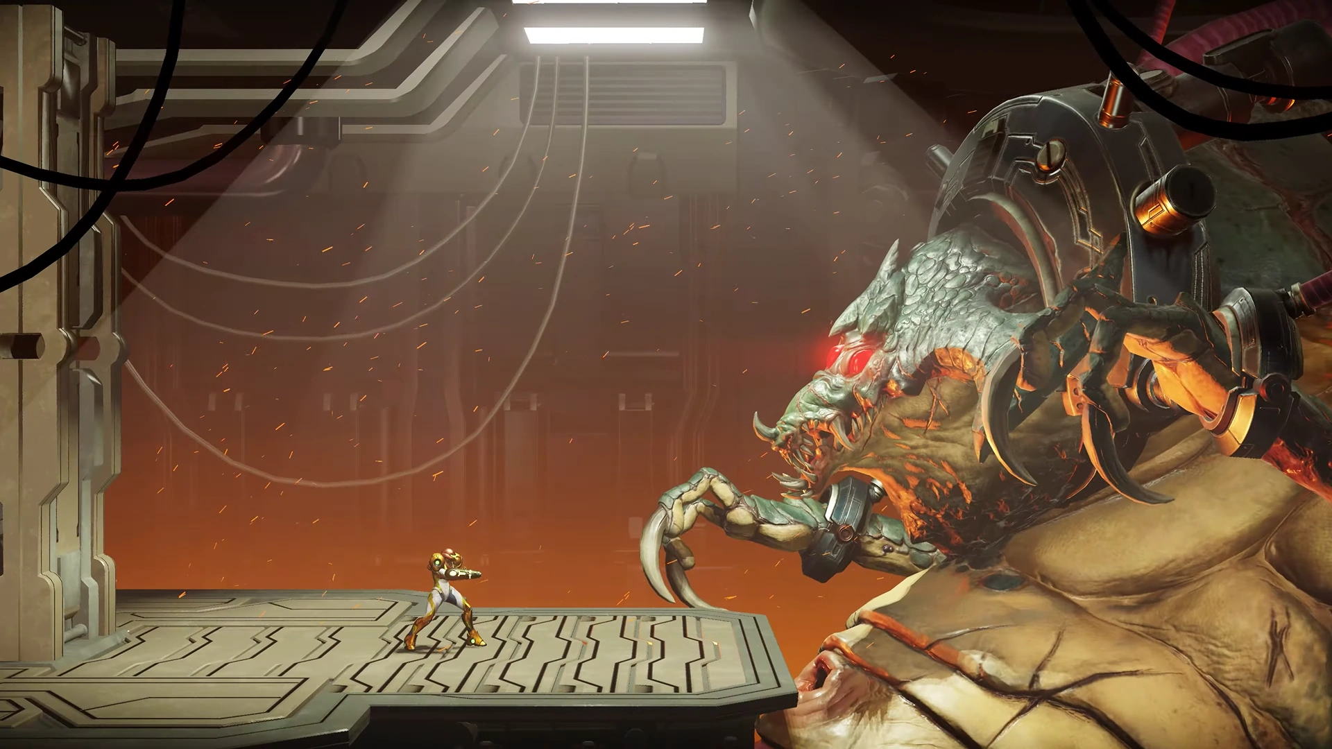 Captura do Metroid Dread nun enfrontamento com um xefe. Nunha sala con lava por baixo, á esquerda está Samus e á dereita um monstro enorme en cadeas.
