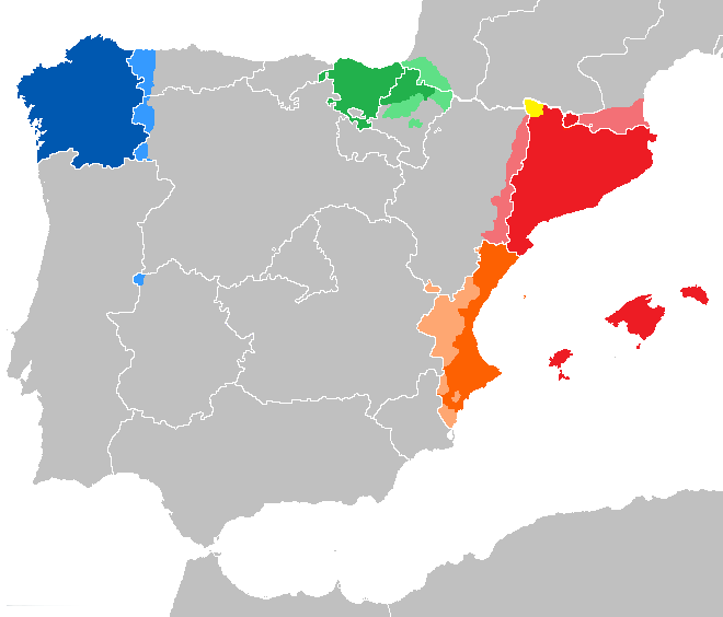 Mapa vectorizado de la península ibérica con las lenguas oficiales de España pintadas de color (a excepción del castellano, ausente).