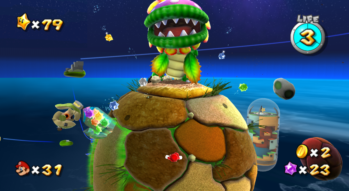 Captura do xogo Mario Galaxy onde se ve unha planta piraña nun pequeno planeta.