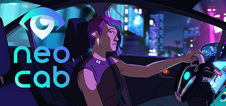 Captura promocional do NeoCab: vese unha rapaza conducindo un taxi, a imaxen ten todo tons neón.