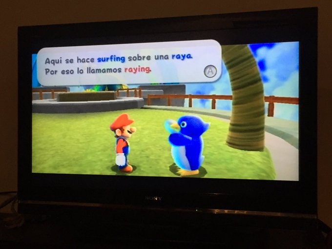 Un pingüino le dice a Mario: "Aquí se hace surfing sobre una raya. Por eso lo llamamos raying."