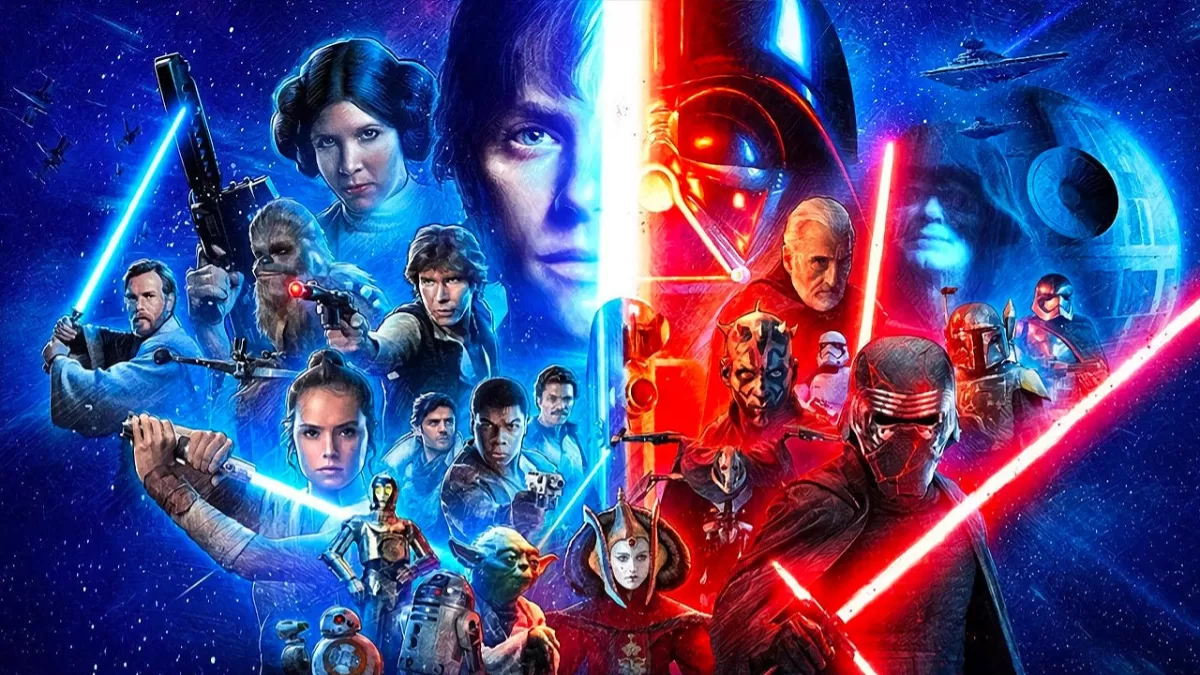 Montaxe artística de todas as personaxes da saga Skywalker, cos jedi á esquerda en azul e os sith á dereita en vermello.