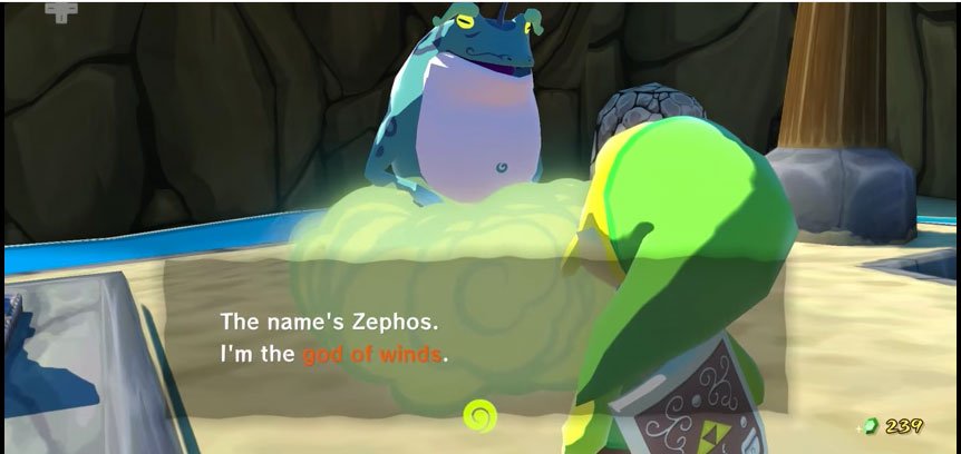 Link hablando con la rana diosa del viento en el Wind Waker