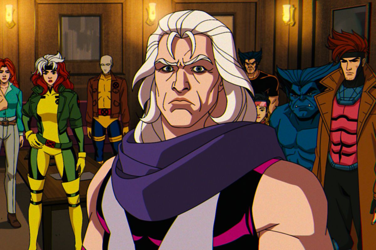 Captura de X-Men '97 onde se ven varias das personaxes: Jean Grey, Rogue, Morph, Magneto, Wolverine, Jubilee, Beast e Gambit.
